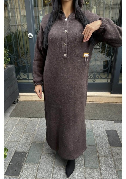 Kahverengi Çift Taraflı Kapüşonlu, Yırttmaç Detaylı, Duble Yumoş Kaşe Uzun Elbise fiyatları