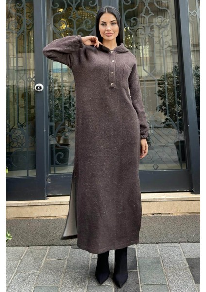 Kahverengi Çift Taraflı Kapüşonlu, Yırttmaç Detaylı, Duble Yumoş Kaşe Uzun Elbise modelleri