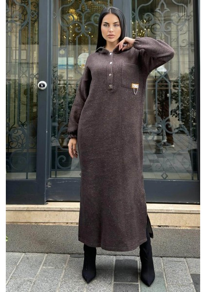 Kahverengi Çift Taraflı Kapüşonlu, Yırttmaç Detaylı, Duble Yumoş Kaşe Uzun Elbise indirimleri