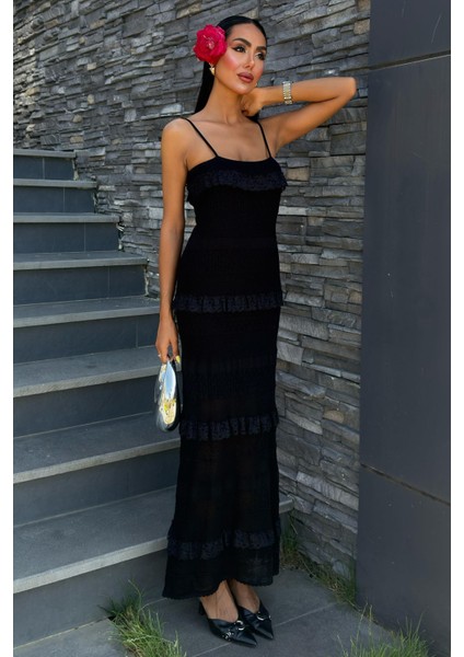 Kadın Siyah Dokuma Dantel Askılı Maxi Elbise