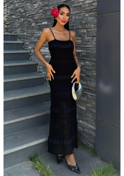 Kadın Siyah Dokuma Dantel Askılı Maxi Elbise fiyatları