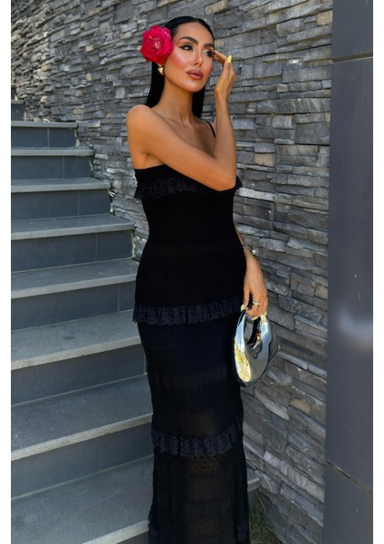 Kadın Siyah Dokuma Dantel Askılı Maxi Elbise modelleri