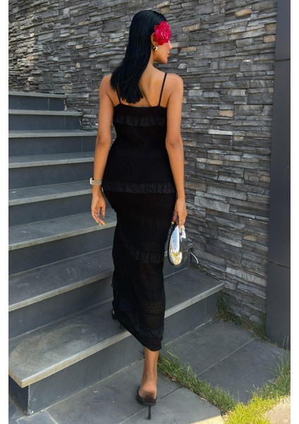 Kadın Siyah Dokuma Dantel Askılı Maxi Elbise fırsatları