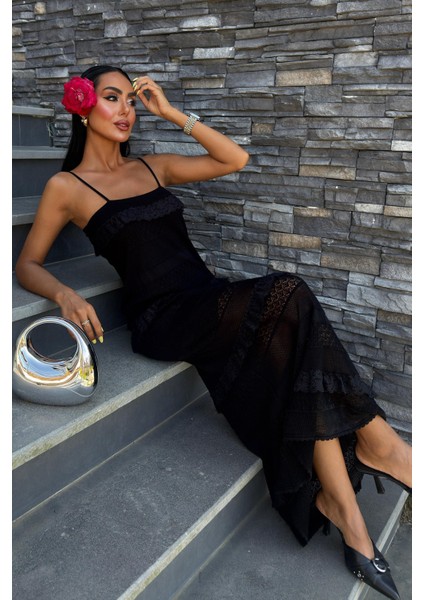 Kadın Siyah Dokuma Dantel Askılı Maxi Elbise indirimleri