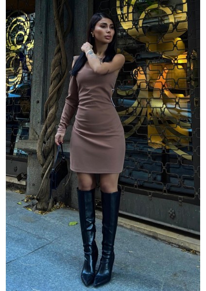 Kadın Vizon Taş Detaylı Dokuma Tek Kol Mini Elbise