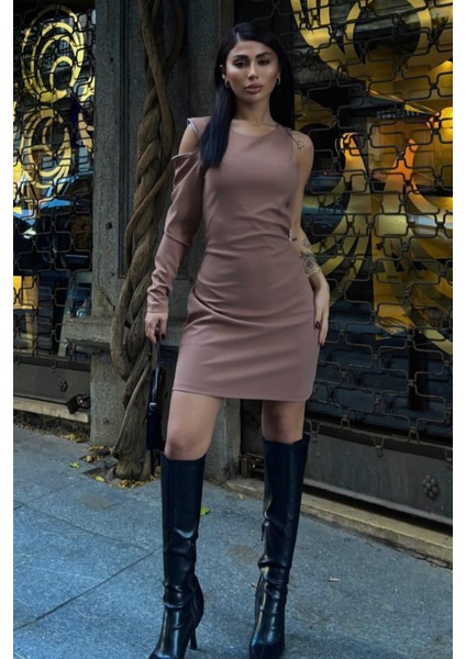 Kadın Vizon Taş Detaylı Dokuma Tek Kol Mini Elbise fiyatları