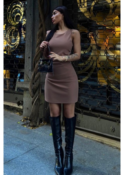 Kadın Vizon Taş Detaylı Dokuma Tek Kol Mini Elbise modelleri