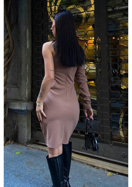 Kadın Vizon Taş Detaylı Dokuma Tek Kol Mini Elbise fırsatları