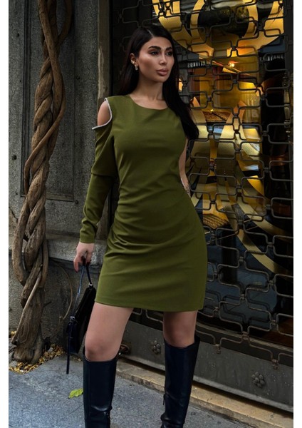 Kadın Yeşil Tek Kol Taşlı Dokuma Mini Elbise fiyatları