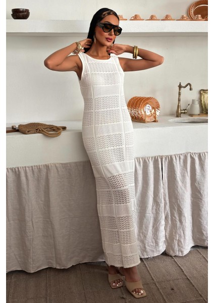 Kadın Ekru Dokuma Ajurlu Kolsuz Uzun Elbise
