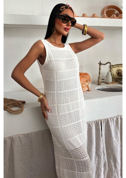 Kadın Ekru Dokuma Ajurlu Kolsuz Uzun Elbise modelleri