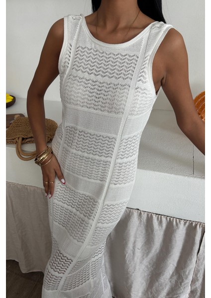 Kadın Ekru Dokuma Ajurlu Kolsuz Uzun Elbise fırsatları