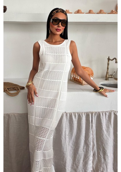 Kadın Ekru Dokuma Ajurlu Kolsuz Uzun Elbise indirimleri