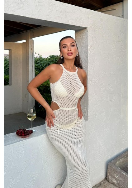 Kadın Ekru Halter Yaka Askılı Uzun Örme Elbise fiyatları