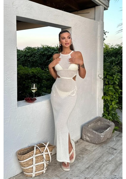 Kadın Ekru Halter Yaka Askılı Uzun Örme Elbise fırsatları