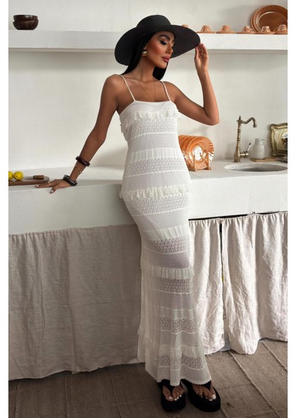 Kadın Kemik Renk Askılı Dantel Detay Uzun Elbise