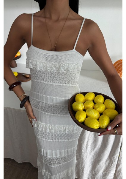 Kadın Kemik Renk Askılı Dantel Detay Uzun Elbise modelleri