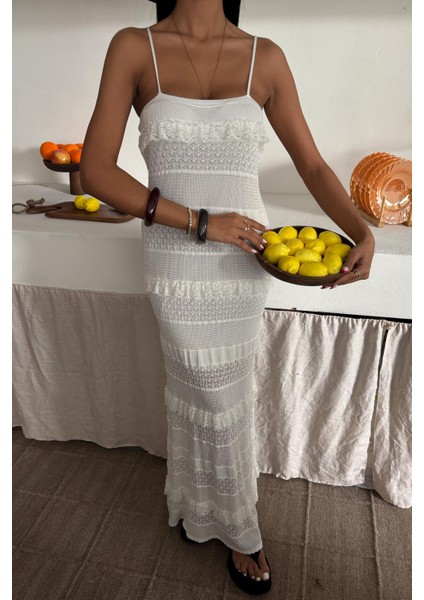 Kadın Kemik Renk Askılı Dantel Detay Uzun Elbise indirimleri