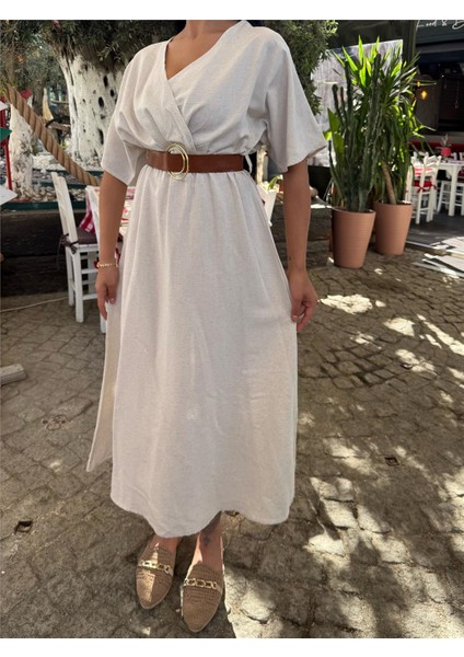 Taş Kruvaze Midi Kemerli Elbise