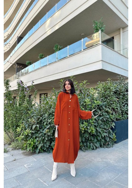 Kadın Kiremit Yarasa Kol, Arkası Pliseli, Çift Cepli, Uzun Oversize Salaş Gömlek Elbise fırsatları