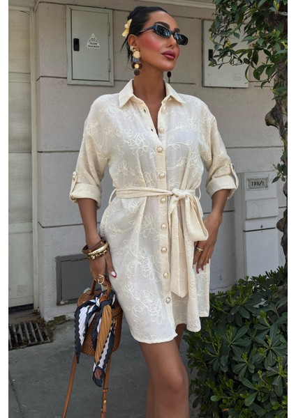 Kadın Taş Desenli Dokuma Uzun Polo Yaka Elbise