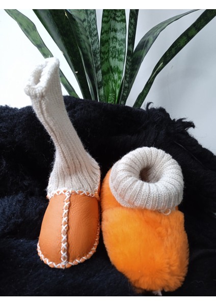 Bebek Unisex Organik Kuzu Derisi Ilk Adım Ayakkabısı Çoraplı Panduf Patik Turuncu