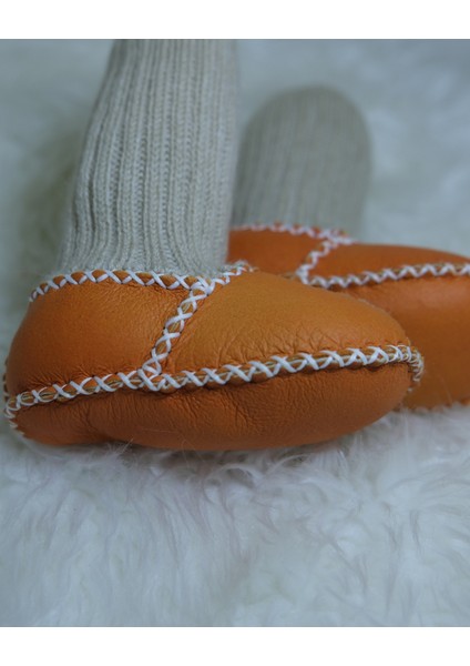 Bebek Unisex Organik Kuzu Derisi Ilk Adım Ayakkabısı Çoraplı Panduf Patik Turuncu modelleri