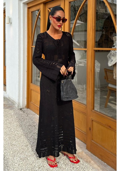 Kadın Siyah Örme Uzun V Yaka Elbise