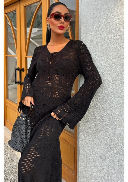 Kadın Siyah Örme Uzun V Yaka Elbise fiyatları