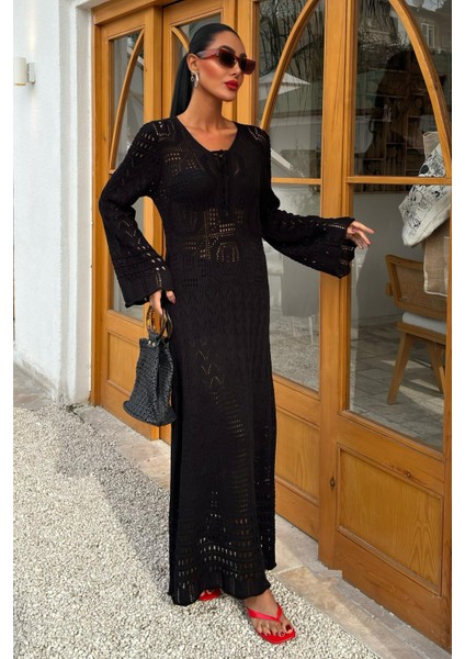 Kadın Siyah Örme Uzun V Yaka Elbise modelleri