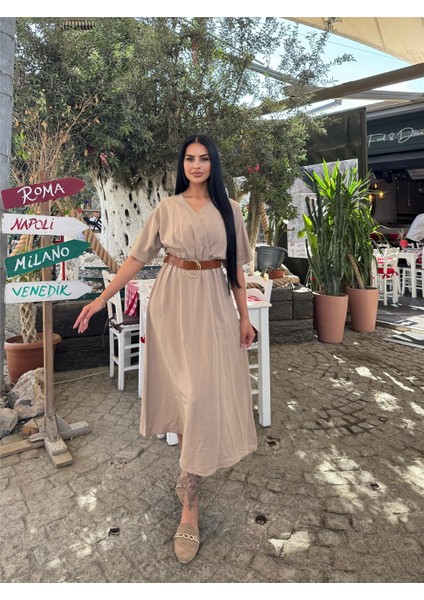Bej Kruvaze Midi Düz Kemerli Elbise fırsatları