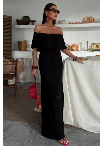 Kadın Siyah Akrilik Triko Straplez Uzun Elbise