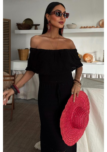 Kadın Siyah Akrilik Triko Straplez Uzun Elbise fiyatları