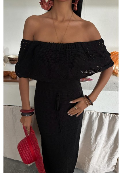 Kadın Siyah Akrilik Triko Straplez Uzun Elbise modelleri