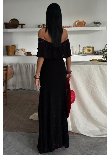 Kadın Siyah Akrilik Triko Straplez Uzun Elbise fırsatları