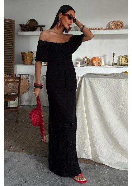 Kadın Siyah Akrilik Triko Straplez Uzun Elbise indirimleri