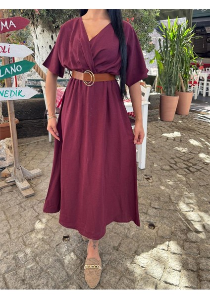 Bordo Kruvaze Kemerli Saten Elbise