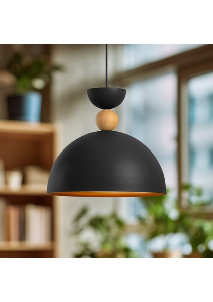 Stellara Ahşap Boncuk Detaylı Tekli Sarkıt Aydınlatma, Metal Sıvama, Ev, Ofis, Cafe, Restoran Avizeleri, E27 Duy