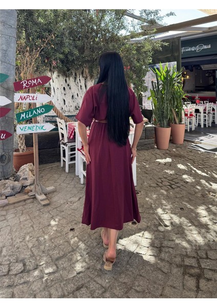 Bordo Kruvaze Kemerli Saten Elbise fiyatları