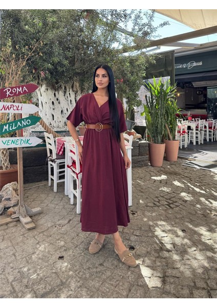 Bordo Kruvaze Kemerli Saten Elbise modelleri