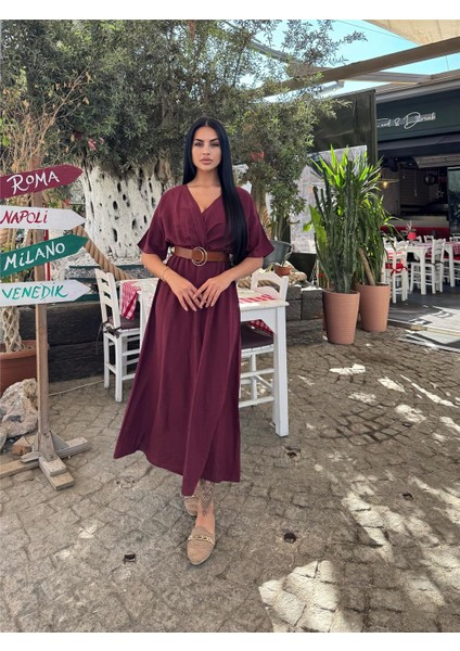 Bordo Kruvaze Kemerli Saten Elbise fırsatları