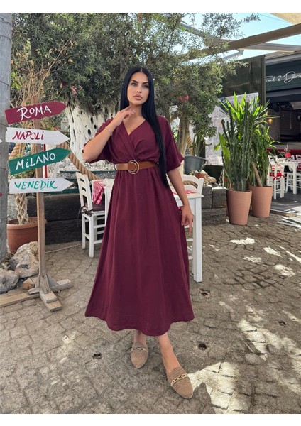 Bordo Kruvaze Kemerli Saten Elbise indirimleri