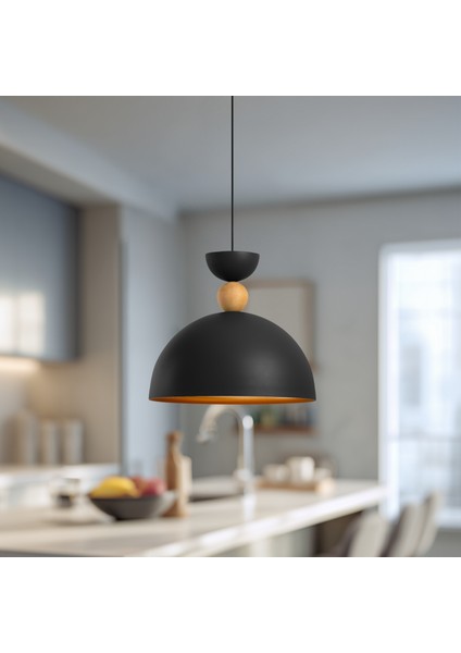 Stellara Ahşap Boncuk Detaylı Tekli Sarkıt Aydınlatma, Metal Sıvama, Ev, Ofis, Cafe, Restoran Avizeleri, E27 Duy