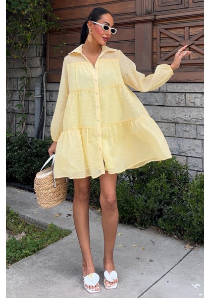 Kadın Sarı Uzun Kollu Gömlek Yaka Kısa Elbise
