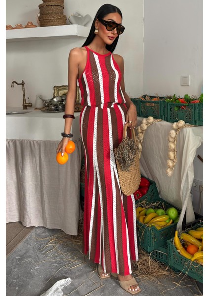 Kadın Narçiçeği Çizgili Uzun Dokuma Kolsuz Elbise