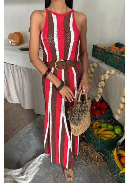 Kadın Narçiçeği Çizgili Uzun Dokuma Kolsuz Elbise modelleri