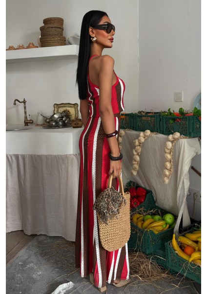 Kadın Narçiçeği Çizgili Uzun Dokuma Kolsuz Elbise fırsatları