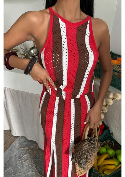 Kadın Narçiçeği Çizgili Uzun Dokuma Kolsuz Elbise indirimleri