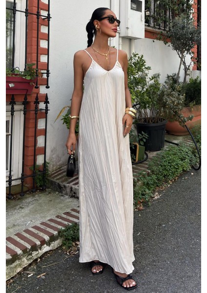 Kadın Taş Kraş Askılı Maxi V Yaka Elbise