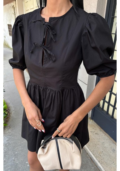 Kadın Siyah Poplin Fiyonk Balon Kollu Kısa Elbise modelleri